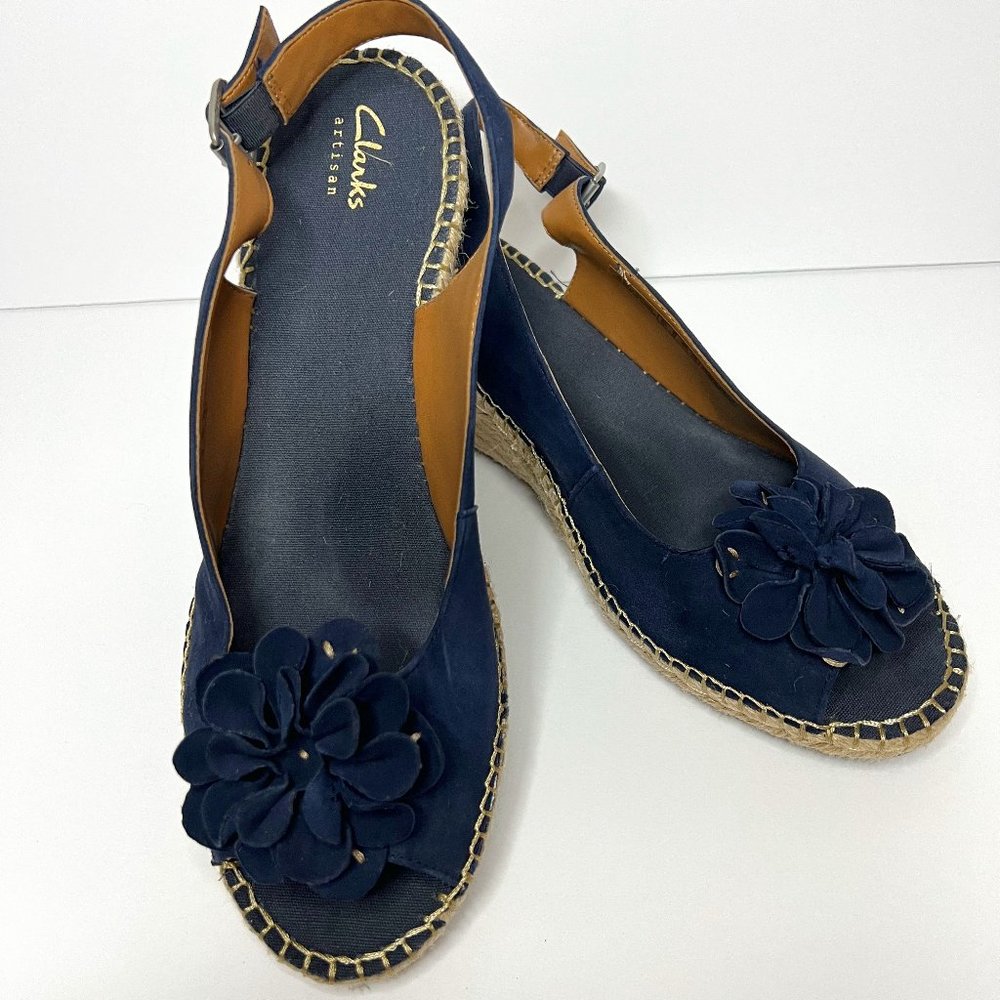 Clarks Artisan Petrina Bianca Slingback Espadrille Wedges 11B Navy Suede